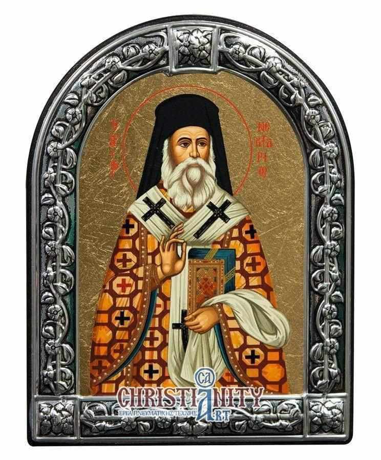 Saint Nektarios - Image in wood with indelible metal frame - Mount Athos — Wall reliefs from Christianity Art