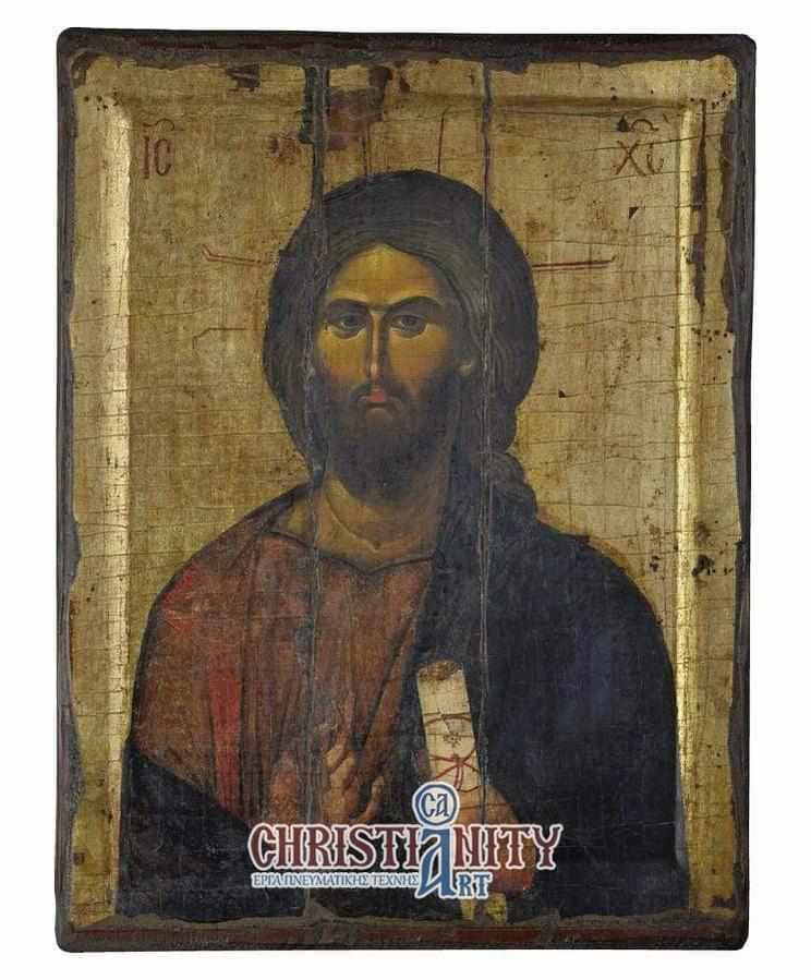 Jesus Christ - Engraved wooden aged image on canvas with golden background - Mount Athos — Paintings from Christianity Art