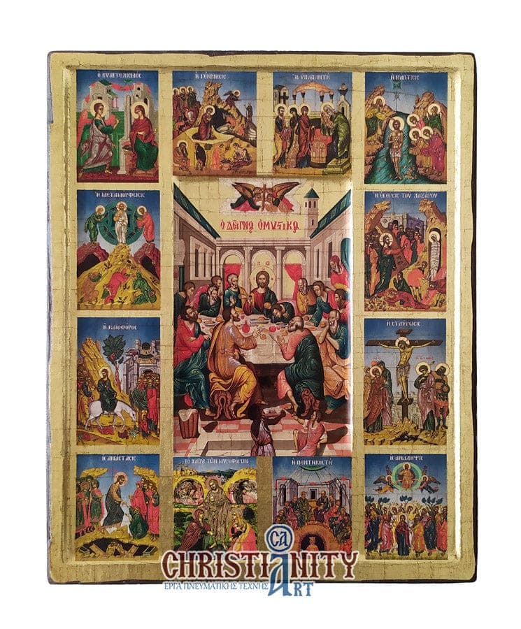 Composition of Dodekaortos icons - Engraved wooden image on canvas with golden background - Mount Athos — Paintings from Christianity Art