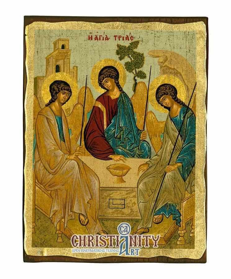 The Holy Trinity - Wooden aged image on canvas with golden background - Mount Athos — Paintings from Christianity Art