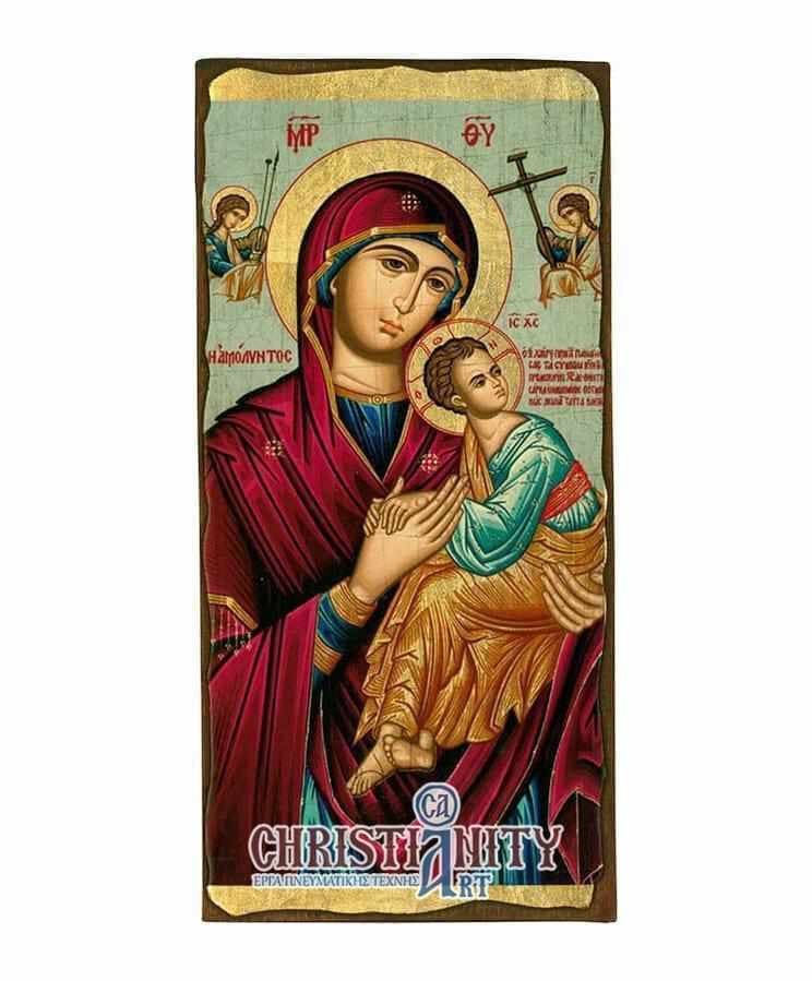Virgin Mary of Passion - Wooden aged image on canvas with golden background - Mount Athos — Paintings from Christianity Art