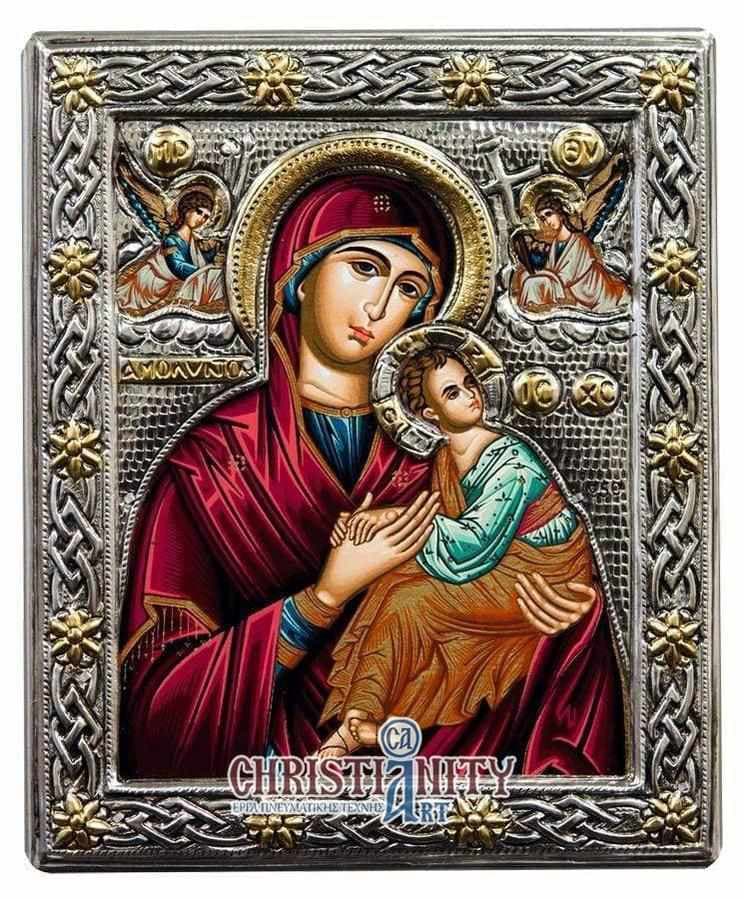 Virgin Mary of Passion - Silver image in wood, locally gilded - Mount Athos — Wall reliefs from Christianity Art