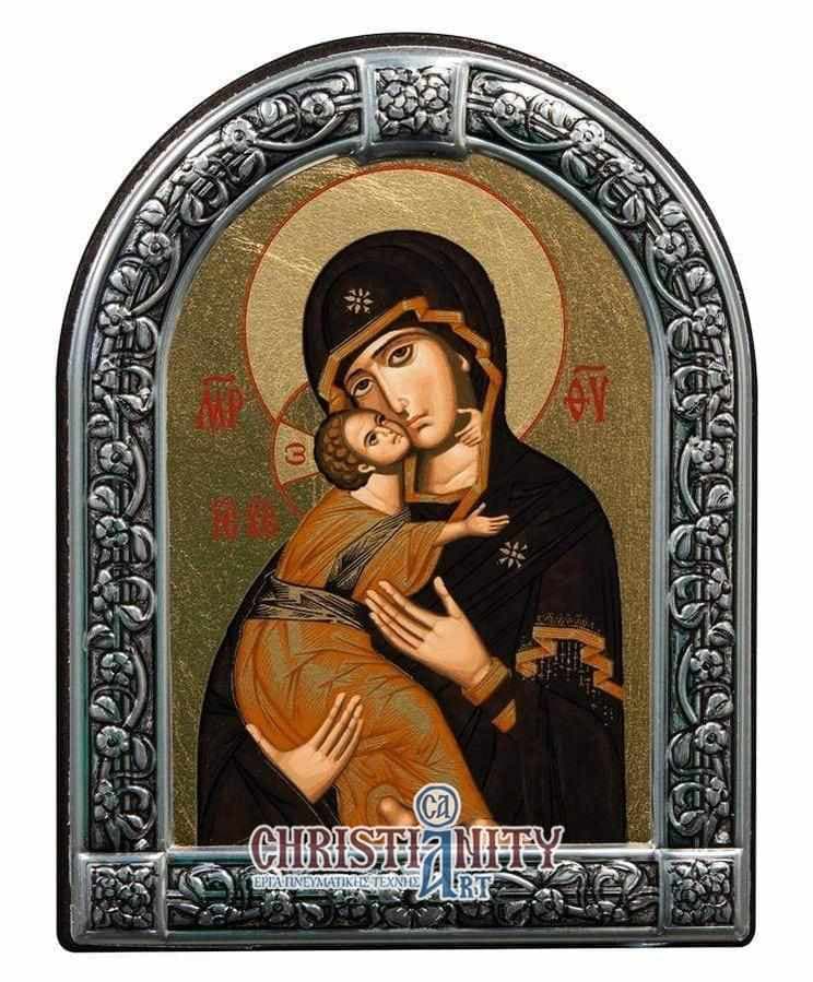 Virgin Mary Vladimir - Image in wood with indelible metal frame - Mount Athos — Wall reliefs from Christianity Art