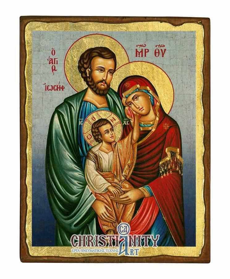 The Holy Family - Aged wooden picture on canvas with a gold background - Mount Athos — Paintings from Christianity Art