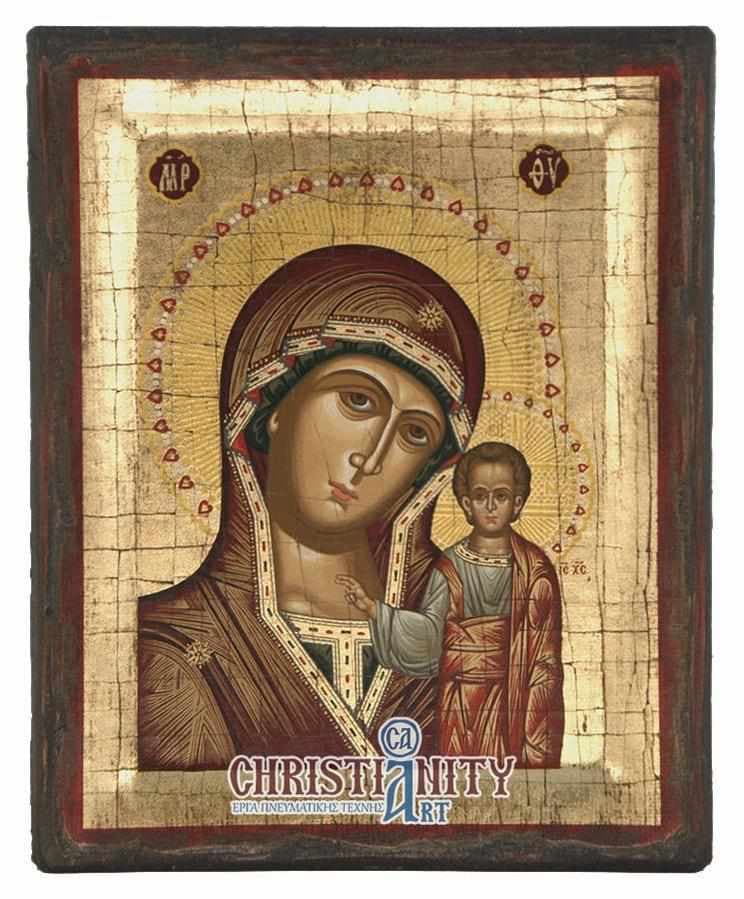 Our Lady of Kazan - Engraved wooden aged image on canvas with golden background - Mount Athos — Paintings from Christianity Art