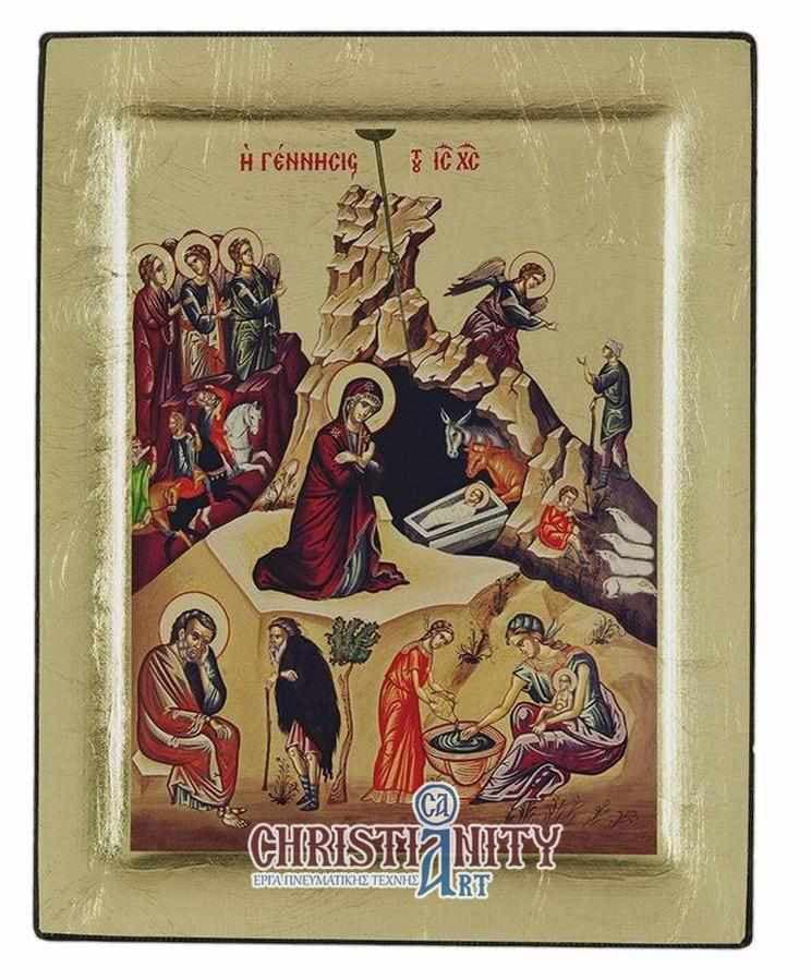 The Birth of Christ - Engraved wooden image on canvas with golden background - Mount Athos — Paintings from Christianity Art