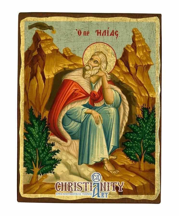 Prophet Elias - Wooden aged image on canvas with golden background - Mount Athos — Paintings from Christianity Art