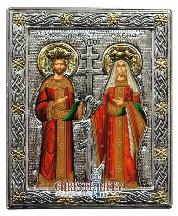 Saint Constantine and Saint Helen - Silver icon on wood, locally gilded - Mount Athos — Wall reliefs from Christianity Art