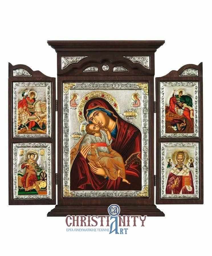 Virgin Mary Glylofilousa - Silver icon triptych in wood, locally gilded - Mount Athos — Wall reliefs from Christianity Art