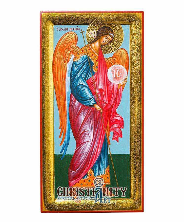 Archangel Michael - Stylvot 100% handmade image on canvas with gold background 24 carats on specially processed wood - Mount Athos — Paintings from Christianity Art
