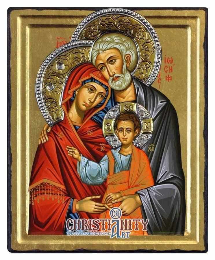 The Holy Family - Excavated wooden icon with a silver halo - Mount Athos — Paintings from Christianity Art