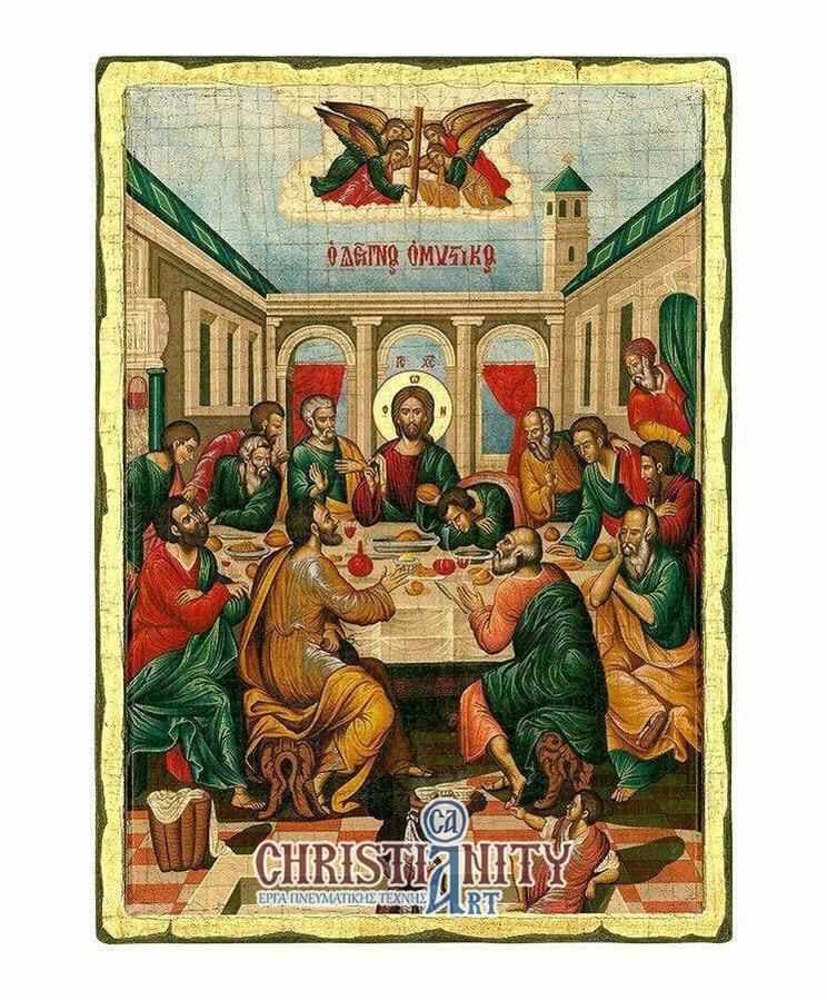 The Secret Dinner - Engraved wooden image on canvas with golden background - Mount Athos — Paintings from Christianity Art