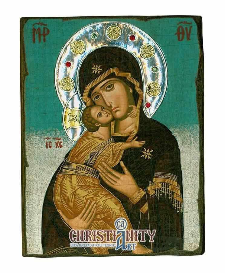 Virgin Mary Vladimir - Old wooden image with silver halo locally gold plated - Mount Athos — Paintings from Christianity Art