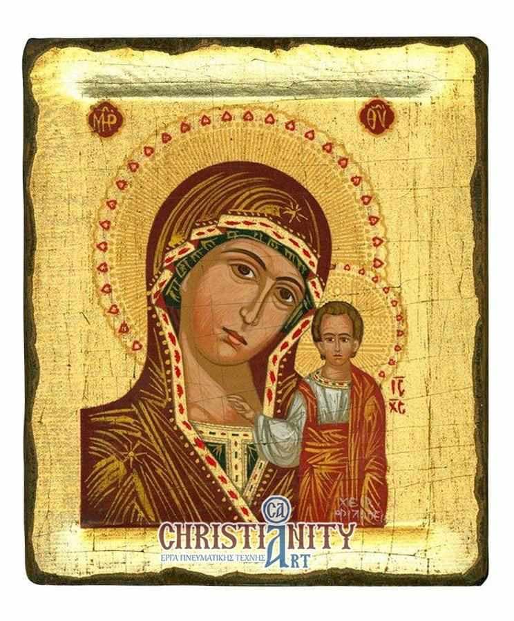 Virgin Mary of Kazan - Handmade icon of hagiography on aged wood - Mount Athos — Paintings from Christianity Art