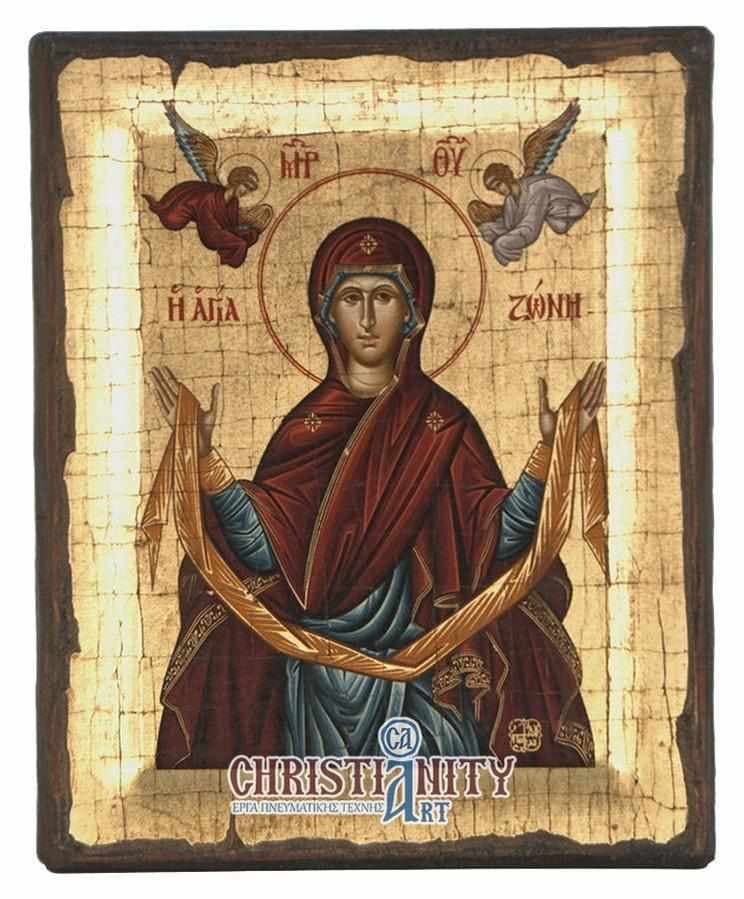 Holy Mary Zone - Engraved wooden aged image on canvas with golden background - Mount Athos — Paintings from Christianity Art