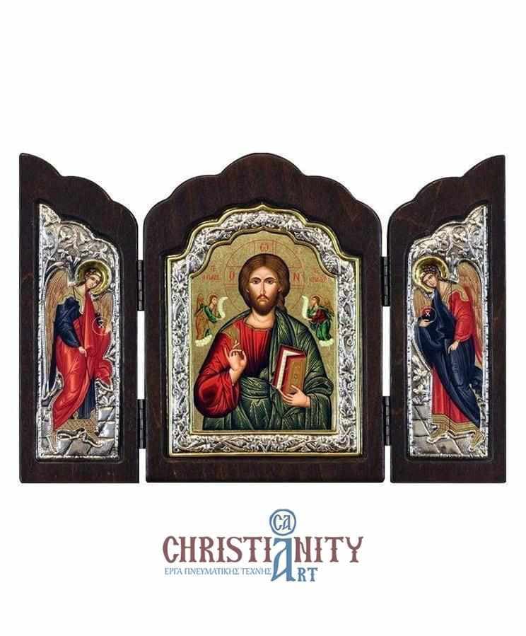 Christ Almighty - Silver icon triptych in wood, locally gilded - Mount Athos — Wall reliefs from Christianity Art