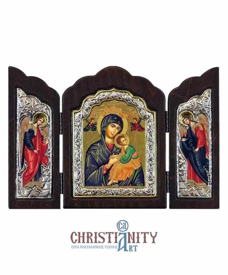 Virgin Mary Permanent Help - Silver icon triptych in wood, locally gilded - Mount Athos — Wall reliefs from Christianity Art