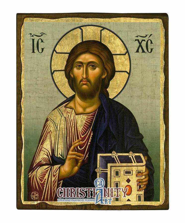 Jesus Christ Holy Monastery of Vatopedi - Wooden aged image on canvas with golden background - Mount Athos — Paintings from Christianity Art