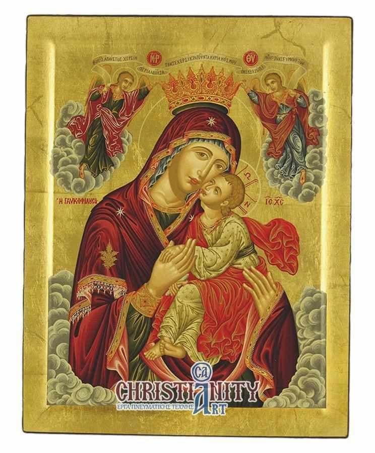 Virgin Mary Glylofilousa - Engraved wooden image on canvas with golden background - Mount Athos — Paintings from Christianity Art