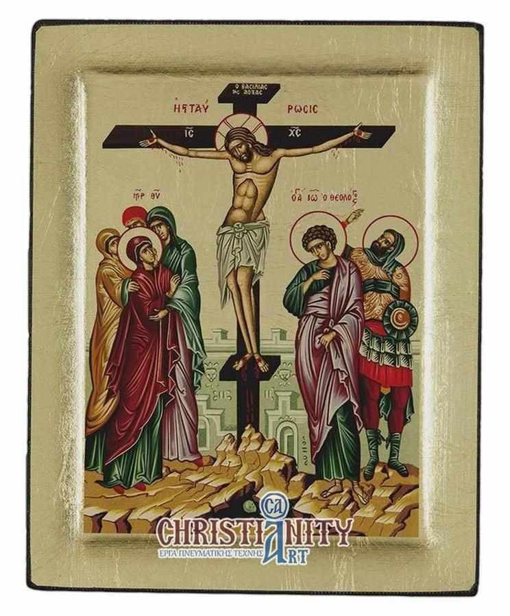 The Crucifixion of Christ - Engraved wooden image on canvas with golden background - Mount Athos — Paintings from Christianity Art