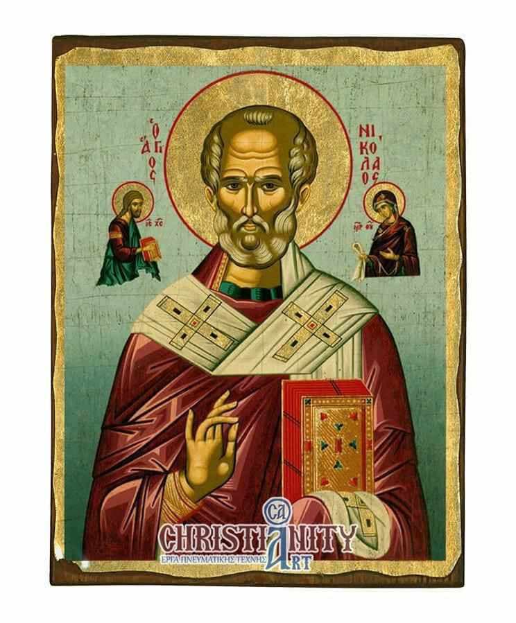 Saint Nikolaos - Wooden aged image on canvas with golden background - Mount Athos — Paintings from Christianity Art