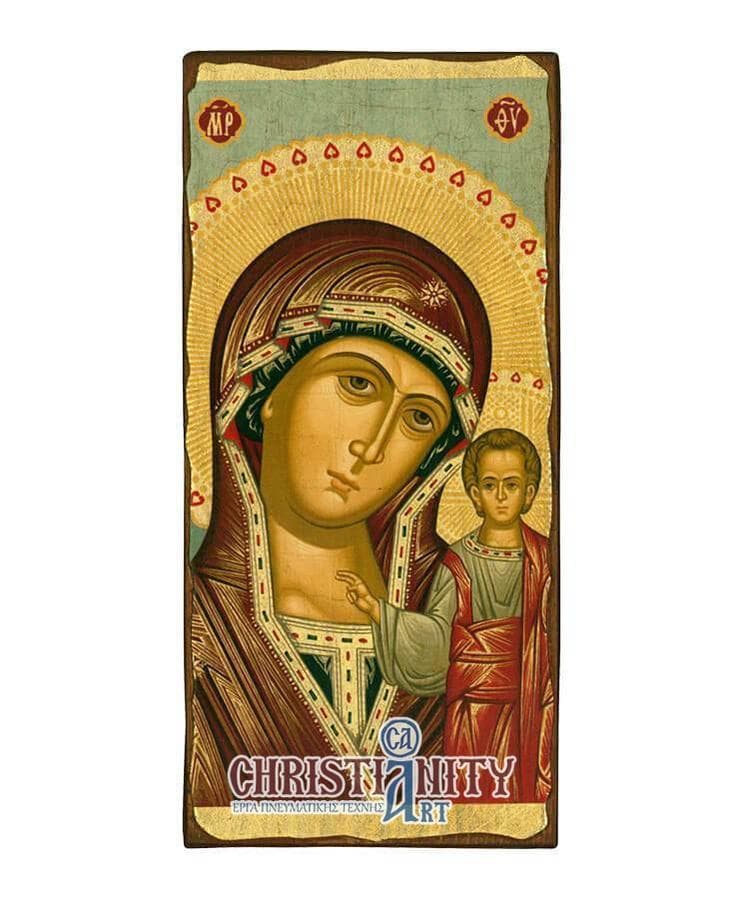 Our Lady of Kazan - Wooden aged image on canvas with golden background - Mount Athos — Paintings from Christianity Art