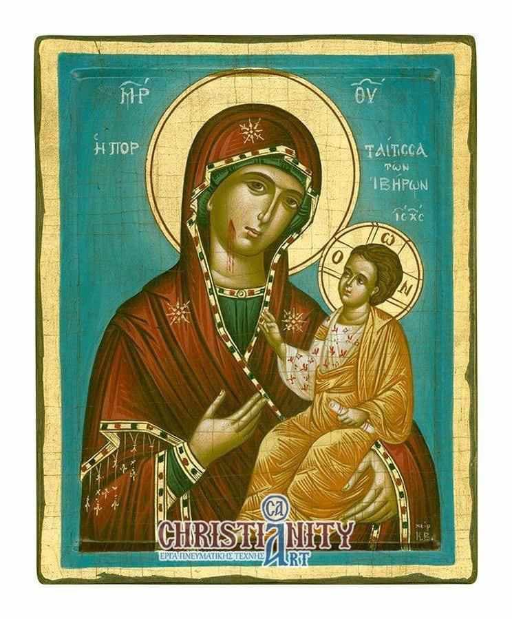 Virgin Mary Portaitissa - 100% handmade wooden image on canvas with gold background - Mount Athos — Paintings from Christianity Art