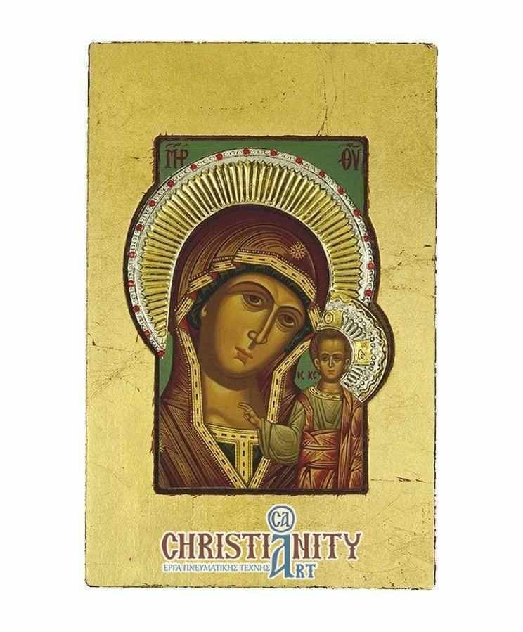Our Lady of Kazan - Old wooden image with silver halo locally gold plated - Mount Athos — Paintings from Christianity Art