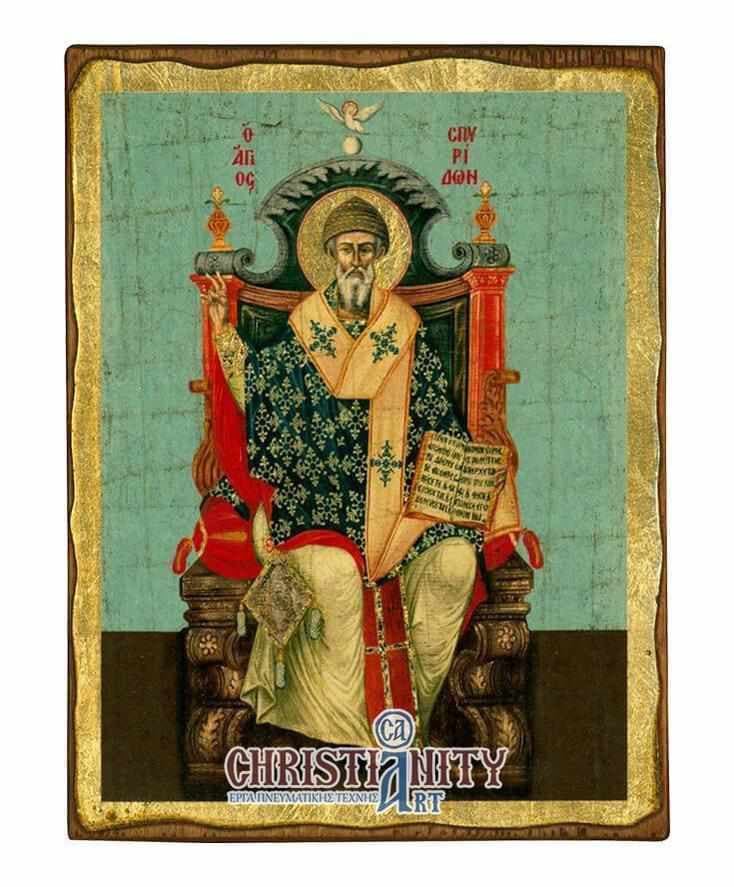 Saint Spyridon - Wooden aged image on canvas with golden background - Mount Athos — Paintings from Christianity Art