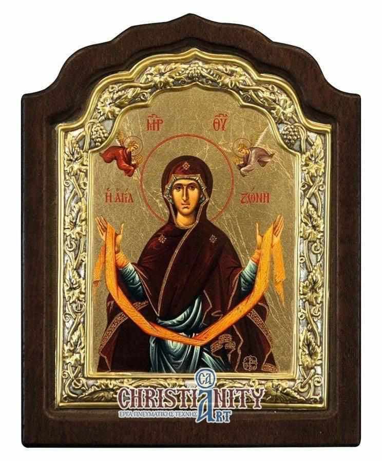 Holy Mary Zone - Silver image in wood, locally gold plated - Mount Athos — Wall reliefs from Christianity Art