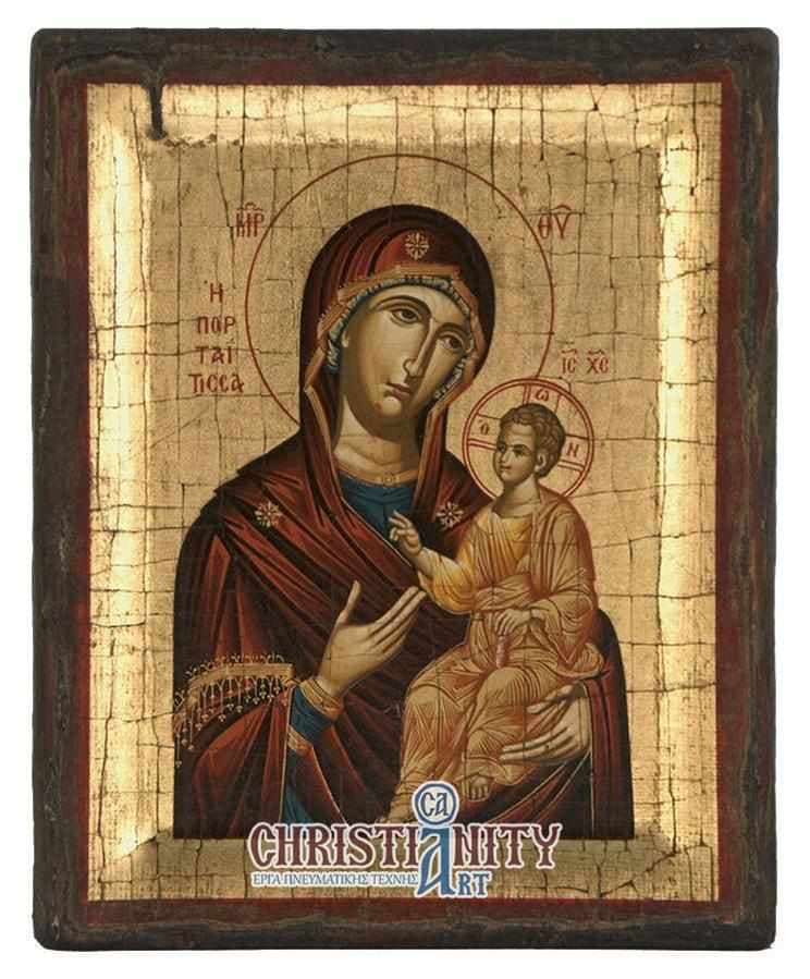 Virgin Mary Portaitissa - Engraved wooden aged image on canvas with golden background - Mount Athos — Paintings from Christianity Art
