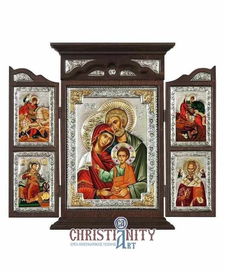 The Holy Family - Silver icon triptych on wood, locally gilded - Mount Athos — Wall reliefs from Christianity Art