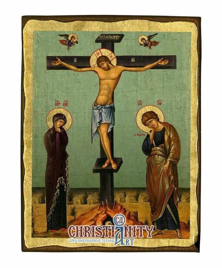 The Crucifixion of Christ - Wooden aged image on canvas with golden background - Mount Athos — Paintings from Christianity Art