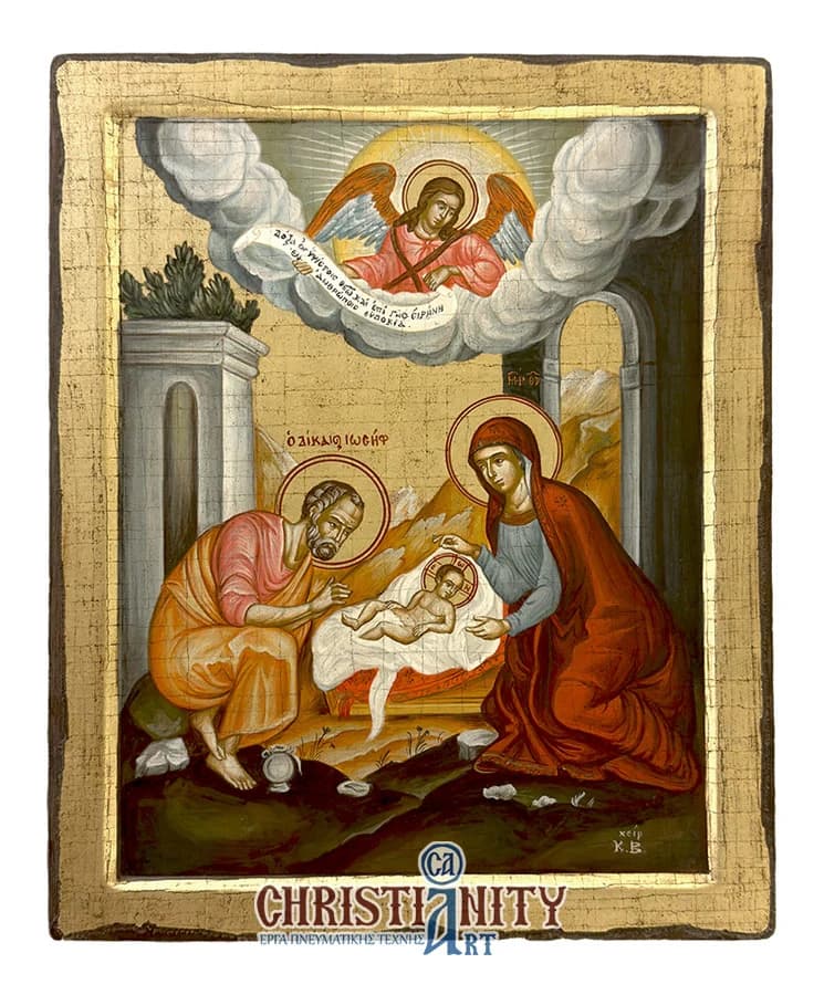 The Birth of Christ - Handmade hagiography - Wooden image painted on canvas - Mount Athos — Paintings from Christianity Art