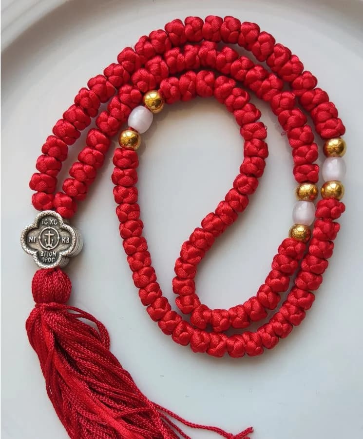 Athonite Waxed Prayer Rope with 100 Knots, Double-Sided Metal Cross & Tassel β Black or Red β Bracelets from Christianity Art