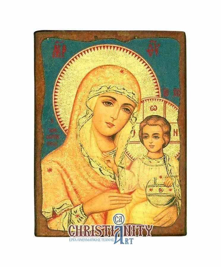 Virgin Mary Jerusalem - Wooden aged image on canvas with golden background - Mount Athos — Paintings from Christianity Art