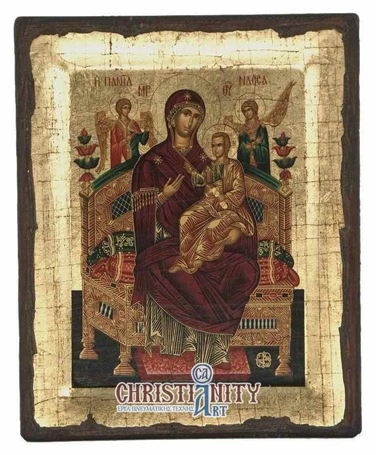 Virgin Mary Pantanassa - Engraved wooden aged image on canvas with golden background - Mount Athos — Paintings from Christianity Art