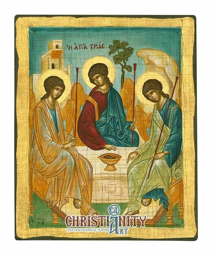 The Holy Trinity - 100% handmade wooden picture on canvas with gold background - Mount Athos — Paintings from Christianity Art