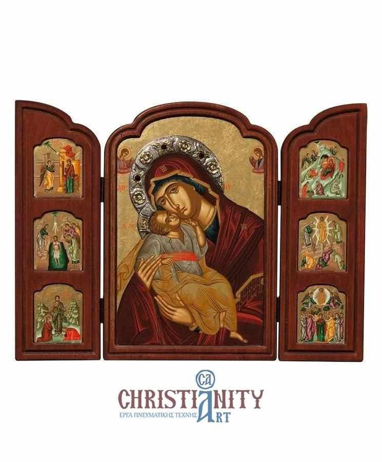 Virgin Mary Gliofilousa - Old wooden icon triptych with silver halo locally gilded - Mount Athos — Paintings from Christianity Art