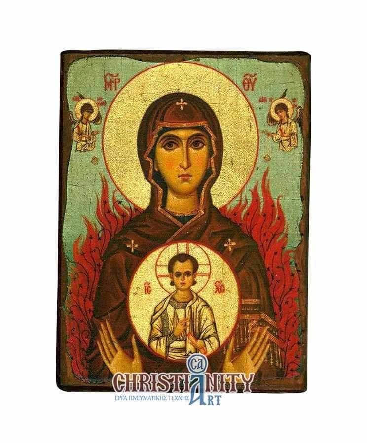 Our Lady Burning Vatos - Wooden aged image on canvas with golden background - Mount Athos — Paintings from Christianity Art