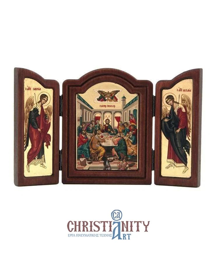 The Secret Dinner - Old wooden image triptych on canvas with golden background - Mount Athos — Paintings from Christianity Art