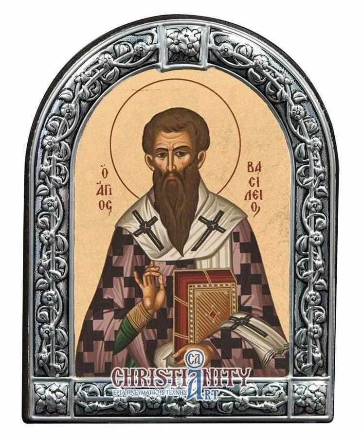 Saint Vasilios - Image in wood with indelible metal frame - Mount Athos — Wall reliefs from Christianity Art