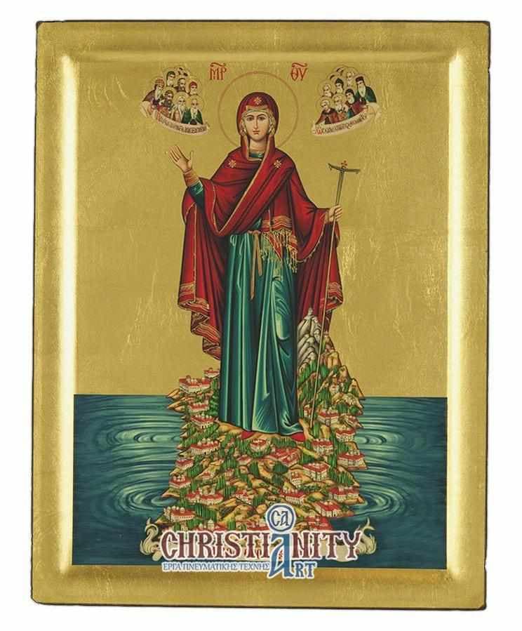 Virgin Mary Athonite - Engraved wooden image on canvas with golden background - Mount Athos — Paintings from Christianity Art