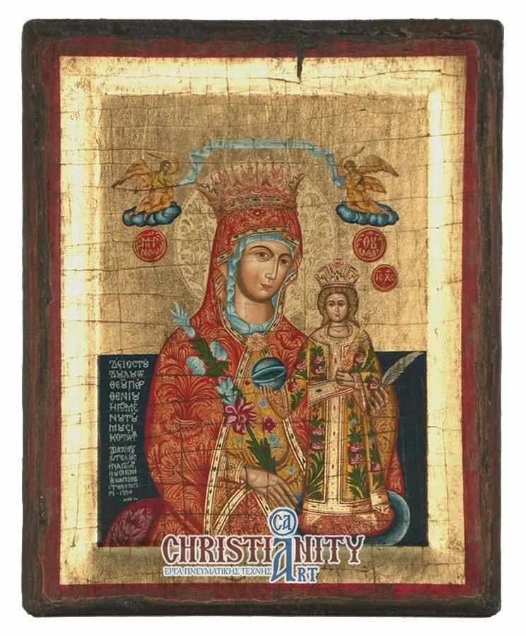 Our Lady of Rods - Engraved wooden aged image on canvas with golden background - Mount Athos — Paintings from Christianity Art