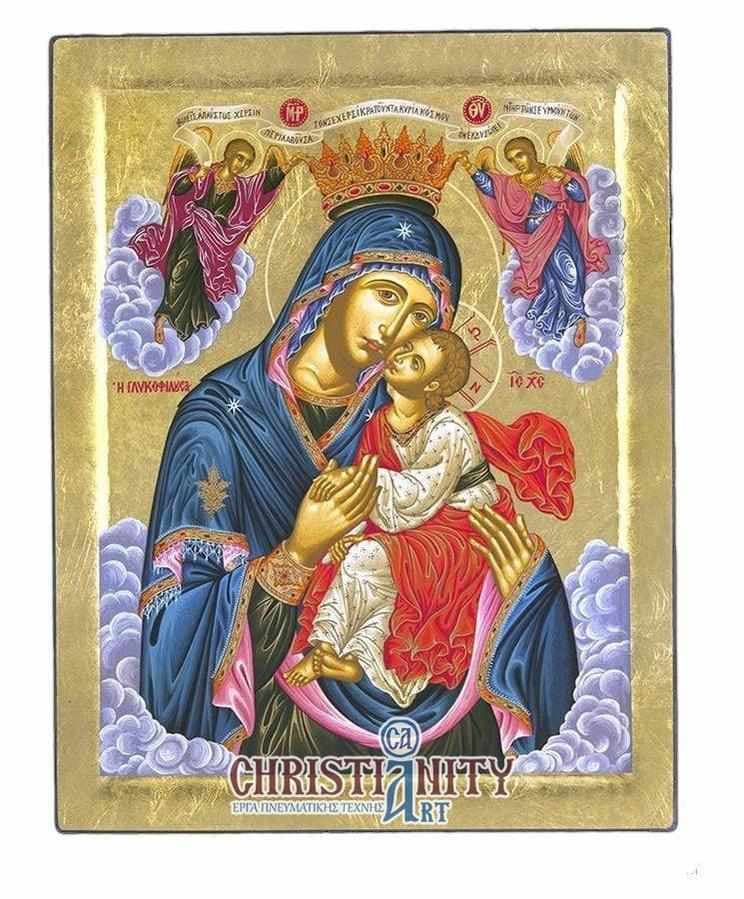 Virgin Mary Glylofilousa - Engraved wooden image on canvas with golden background - Mount Athos — Paintings from Christianity Art