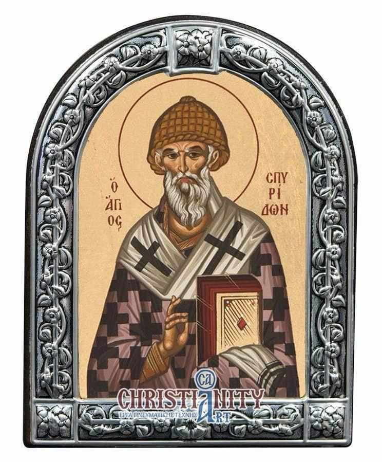 Saint Spiridon - Image in wood with indelible metal frame - Mount Athos — Wall reliefs from Christianity Art