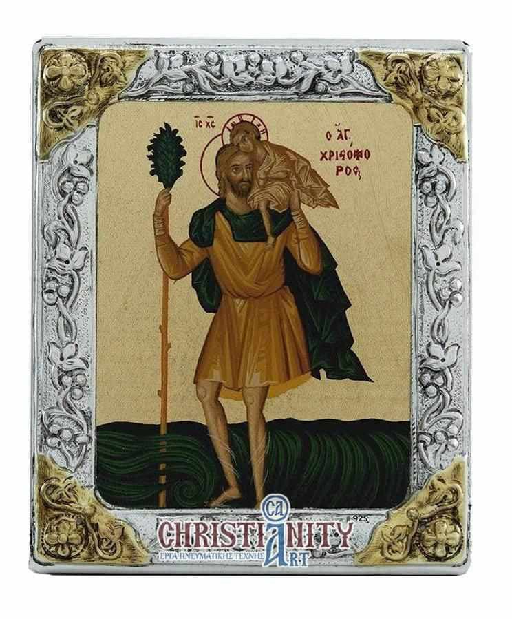 Saint Christopher - Silver image on wood, locally gilded - Mount Athos — Wall reliefs from Christianity Art