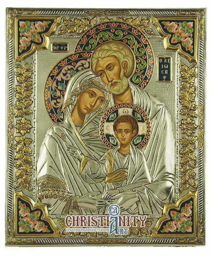 The Holy Family - Silver icon on wood, locally gilded and decorated with enamel - Mount Athos — Wall reliefs from Christianity Art