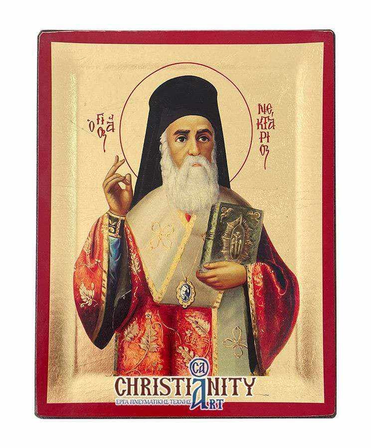 Saint Nektarios - Excavated wooden image on canvas with gold background - Mount Athos — Paintings from Christianity Art