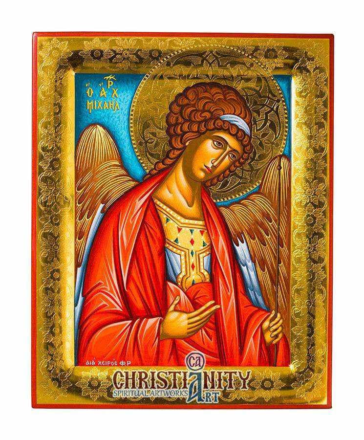 Archangel Michael - Stylvot 100% handmade image on canvas with gold background 24 carats on specially processed wood - Mount Athos β Paintings from Christianity Art